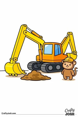 This coloring page shows a large backhoe loader with a simple front bucket and rear arm, standing beside a small dirt mound