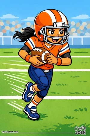 A youth football player runs forward just after making a catch, showing balance, focus, and growing excitement during the play