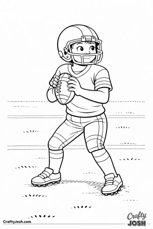 A young quarterback stands in a balanced throwing stance with knees bent, holding the ball and focusing straight ahead before the pass
