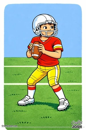 A young quarterback stands in a balanced throwing stance with knees bent, holding the ball and focusing straight ahead before the pass