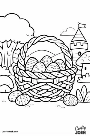A woven vine basket filled with decorated chocolate eggs sits in an enchanted forest with a large tree, rolling hills, a castle tower, and a mushroom ..
