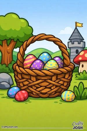 A woven vine basket filled with decorated chocolate eggs sits in an enchanted forest with a large tree, rolling hills, a castle tower, and a mushroom ..