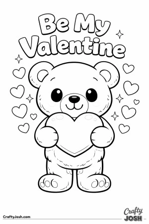 A teddy bear stands holding a large heart with “Be My Valentine” written above and small hearts around it