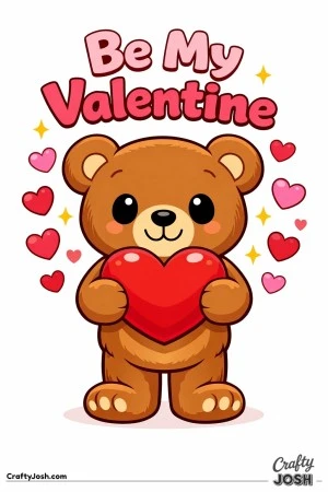 A teddy bear stands holding a large heart with “Be My Valentine” written above and small hearts around it