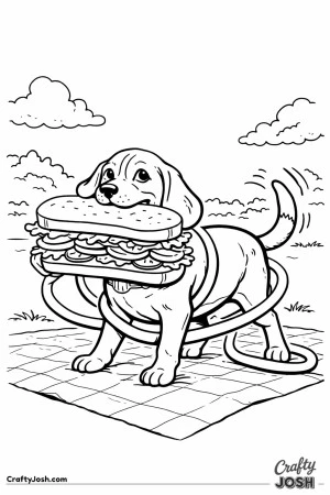 Beagle carrying giant sandwich