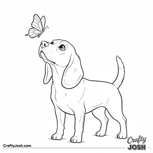 Beagle looking at butterfly