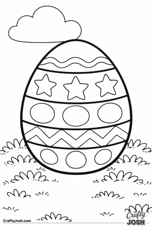 This black and white coloring page shows a large decorated Easter egg with simple patterns sitting in the grass under a fluffy cloud