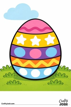 This black and white coloring page shows a large decorated Easter egg with simple patterns sitting in the grass under a fluffy cloud