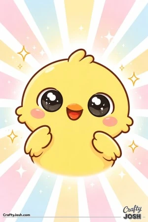 A big-eyed baby chick is shown in close-up with tiny wings raised, surrounded by a bold radial burst and star shapes in the background