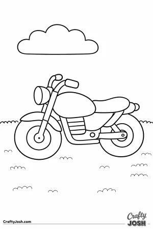 This simple motorcycle coloring page for toddlers shows a chunky, easy-to-recognize bike parked on grass with a single cloud in the sky