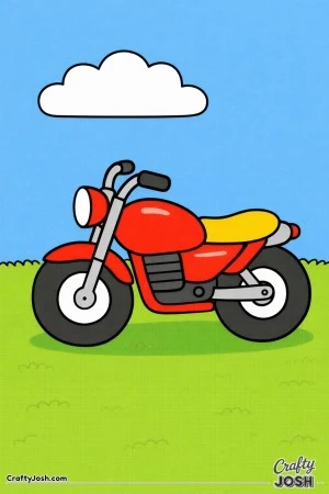 This simple motorcycle coloring page for toddlers shows a chunky, easy-to-recognize bike parked on grass with a single cloud in the sky