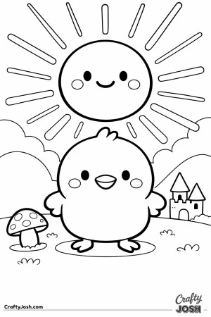A big smiling chick stands on a grassy hill under a happy sun with simple rays shining outward, with a mushroom and small castle nearby
