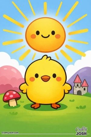A big smiling chick stands on a grassy hill under a happy sun with simple rays shining outward, with a mushroom and small castle nearby