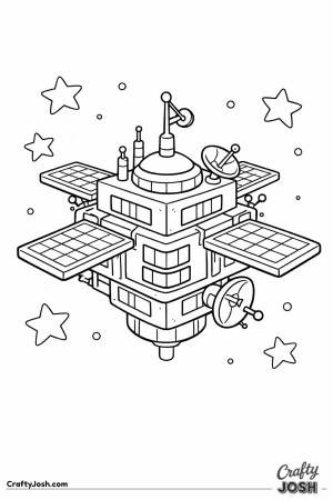 A blocky space station with antennas, satellite dishes, windows, and large panels floats in space with stars around it