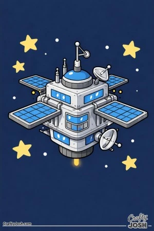 A blocky space station with antennas, satellite dishes, windows, and large panels floats in space with stars around it