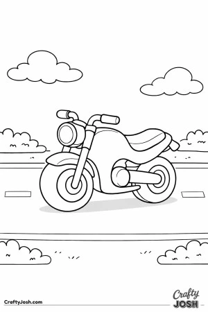 Motorcycle sitting on a straight road beneath a plain sky, designed with large shapes that are easy for young children to color.