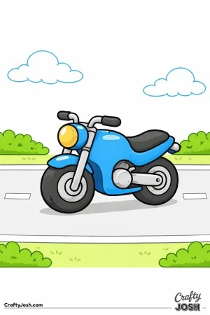 Motorcycle sitting on a straight road beneath a plain sky, designed with large shapes that are easy for young children to color.