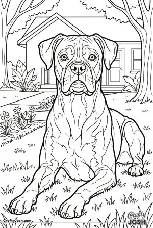 Boxer lying in front yard