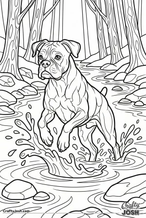 Boxer splashing in stream