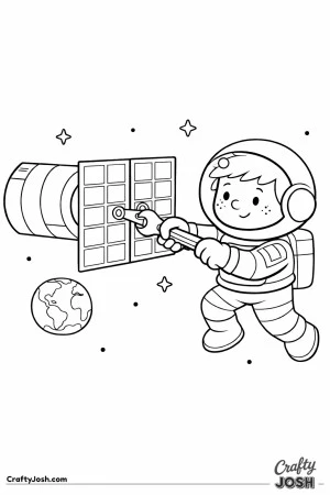 A smiling boy astronaut with freckles floats in space while using a wrench to tighten bolts on a satellite panel, with Earth and stars in the ..