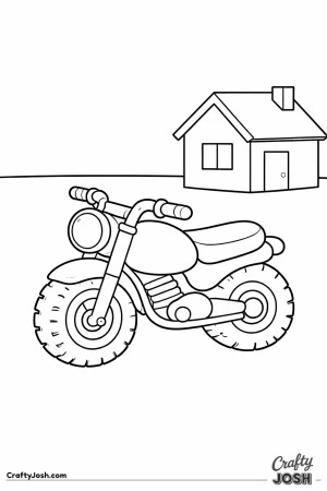 A chunky motorcycle is parked near a small house, created with large shapes that are perfect for very young children to color.