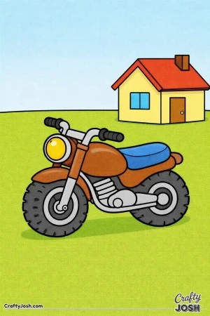A chunky motorcycle is parked near a small house, created with large shapes that are perfect for very young children to color.