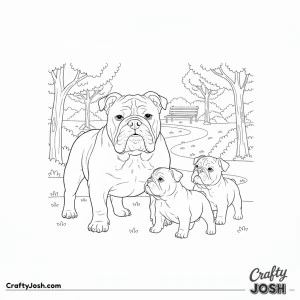 Bulldog family park scene