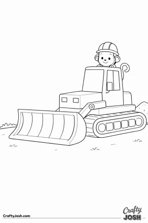 This coloring page shows a large bulldozer with a wide front blade and a small monkey wearing a construction helmet beside it