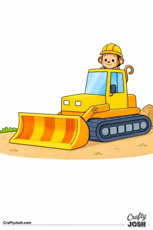 This coloring page shows a large bulldozer with a wide front blade and a small monkey wearing a construction helmet beside it
