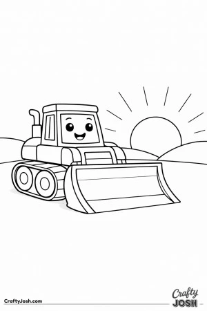 This simple bulldozer coloring page features a large construction vehicle in front of a rising sun and two rounded hills