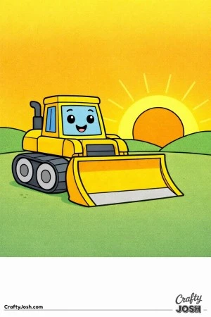 This simple bulldozer coloring page features a large construction vehicle in front of a rising sun and two rounded hills
