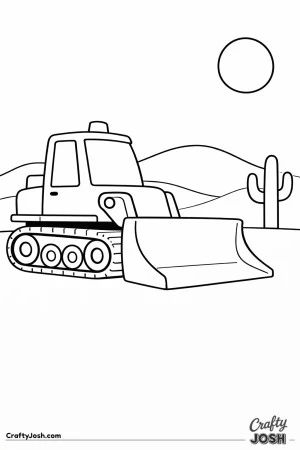 This simple bulldozer features a wide front blade and large track base set in a desert scene with rounded sand dunes, a cactus, and a big sun ..