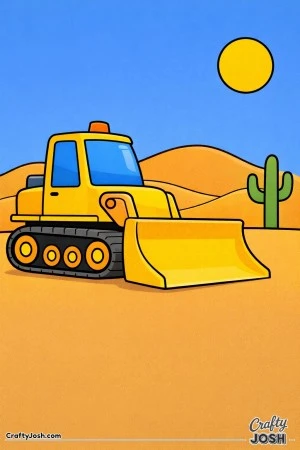 This simple bulldozer features a wide front blade and large track base set in a desert scene with rounded sand dunes, a cactus, and a big sun ..
