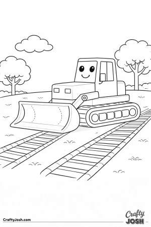 This coloring page shows a large bulldozer driving forward and leaving two big track marks behind it on the ground