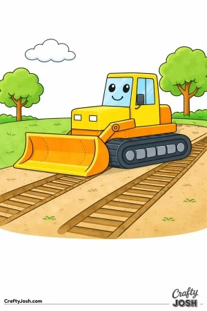 This coloring page shows a large bulldozer driving forward and leaving two big track marks behind it on the ground