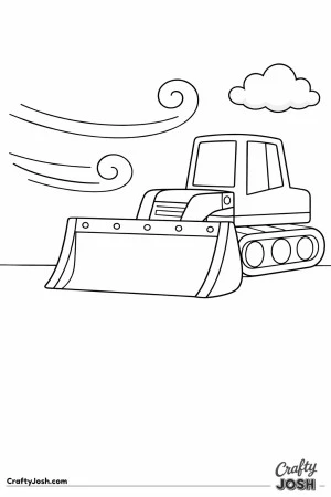 This coloring page shows a large bulldozer with a wide blade and big tracks on a windy day with curved wind lines and a single cloud above
