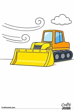 This coloring page shows a large bulldozer with a wide blade and big tracks on a windy day with curved wind lines and a single cloud above