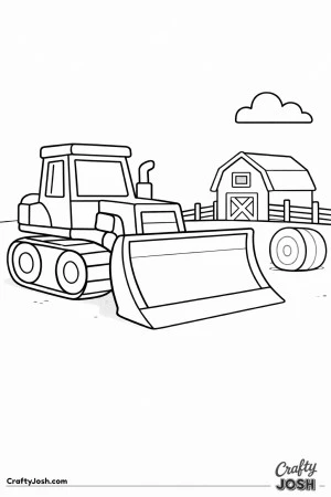 This simple bulldozer coloring page features a large construction vehicle parked on a farm with a barn, fence, hay bale, and a small cloud in the sky
