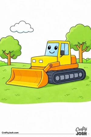 This coloring page shows a large bulldozer with a wide front blade parked on simple grassy ground in a park with two trees and a cloud