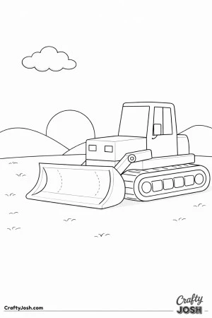 This coloring page shows a large bulldozer parked on flat ground with a big sun setting behind two rounded hills and a single cloud in the sky