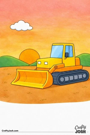 This coloring page shows a large bulldozer parked on flat ground with a big sun setting behind two rounded hills and a single cloud in the sky