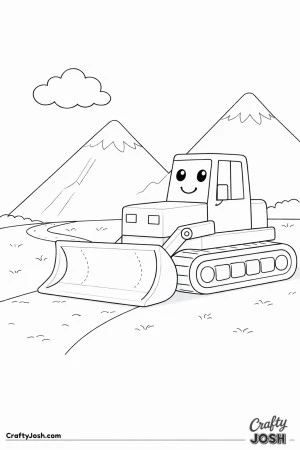 This coloring page shows a large bulldozer with a wide front blade driving along a winding path in front of two tall mountains and a fluffy cloud