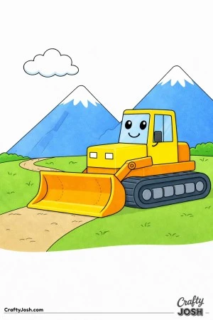 This coloring page shows a large bulldozer with a wide front blade driving along a winding path in front of two tall mountains and a fluffy cloud