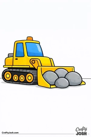 This simple bulldozer features a wide front blade pushing large rounded rocks and a big track base designed for toddlers ages 2–4