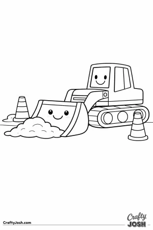 This coloring page shows a large bulldozer with a wide front blade at a simple construction site with two cones and a small dirt pile