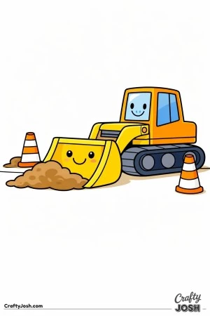 This coloring page shows a large bulldozer with a wide front blade at a simple construction site with two cones and a small dirt pile