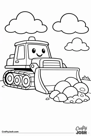 This simple bulldozer features a wide blade and large track base under a big cloudy sky with a small dirt pile designed for toddlers ages 2–4