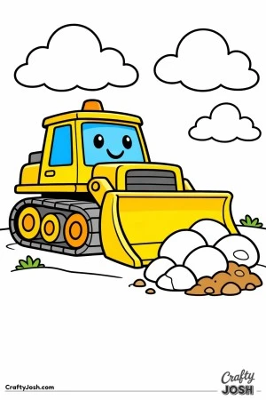 This simple bulldozer features a wide blade and large track base under a big cloudy sky with a small dirt pile designed for toddlers ages 2–4