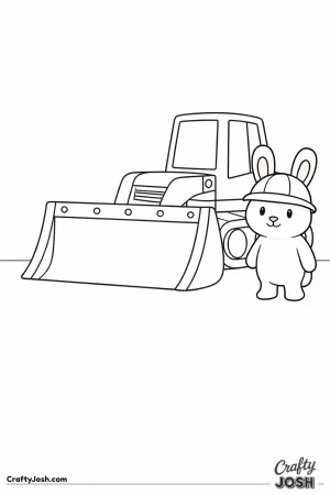 This coloring page shows a large bulldozer with a wide front blade and big tracks standing beside a rounded bunny wearing a construction helmet