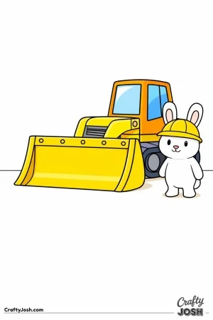 This coloring page shows a large bulldozer with a wide front blade and big tracks standing beside a rounded bunny wearing a construction helmet